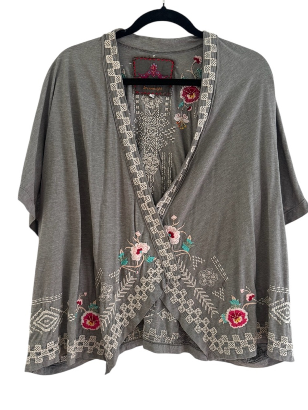 Johnny Was Joy Love Light Grey Short Sleeve Embroidered Cardigan Size Medium